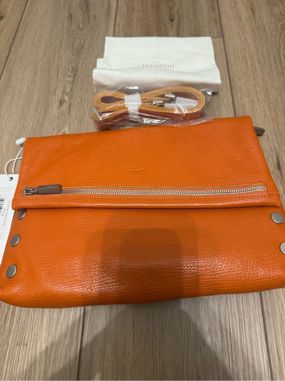 Hammitt Bright Orange Pebbled Leather Fold-Over Clutch with Detachable Strap
